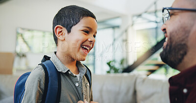 Buy stock photo Father, boy and son with backpack in living room for preparation, getting ready or back to school. Family, support and happy kid with dad for morning routine, education development or love in home