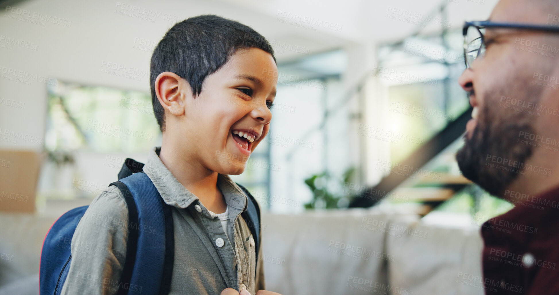 Buy stock photo Father, boy and son with backpack in living room for preparation, getting ready or back to school. Family, support and happy kid with dad for morning routine, education development or love in home