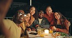 Friends, outdoor selfie and dinner in night, patio or happy for memory, peace sign and new years eve celebration. Women, men and group with diversity, excited and funny face for post on social media