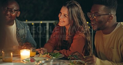 Buy stock photo Friends, talking and dinner at party, patio and happy for conversation, food and new years eve celebration. Woman, men and group at table with chat, memory and night with story, diversity and event