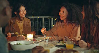 Buy stock photo Friends, night and dinner at party, patio and happy for conversation, food and new years eve celebration. Women, man and group at table with chat, memory and comic laugh for joke, diversity and event