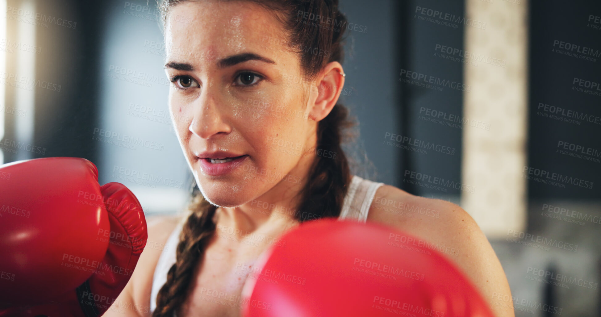 Buy stock photo Woman, fitness and boxing in gym for training, self defense and exercise for development. Power workout, gloves and female athlete with equipment for sport, sweating and fighting with hard work