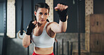 Woman, gym and boxing with training, wrapping and practice for match and sports with endurance. Challenge, fighter or boxer with workout or girl in wellness centre or progress with health and fitness