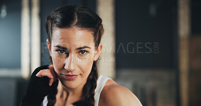 Buy stock photo Face, gym and boxing with training, woman and practice for match and sports with endurance. Challenge, fighter or boxer with workout or girl in wellness centre or progress with health and fitness