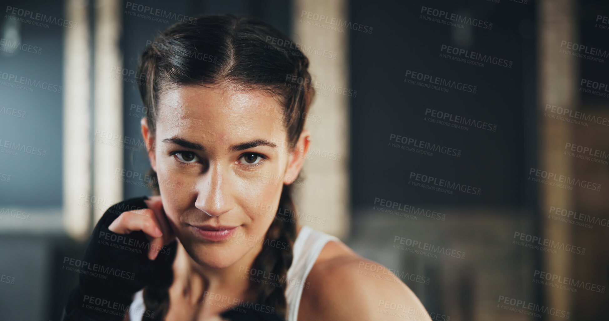 Buy stock photo Face, gym and boxing with training, woman and practice for match and sports with endurance. Challenge, fighter or boxer with workout or girl in wellness centre or progress with health and fitness