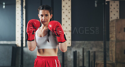 Buy stock photo Portrait, gym and boxing glove with workout, woman and practice for match and sports with endurance. Challenge, fighter or boxer with training or girl in fitness centre or progress with health