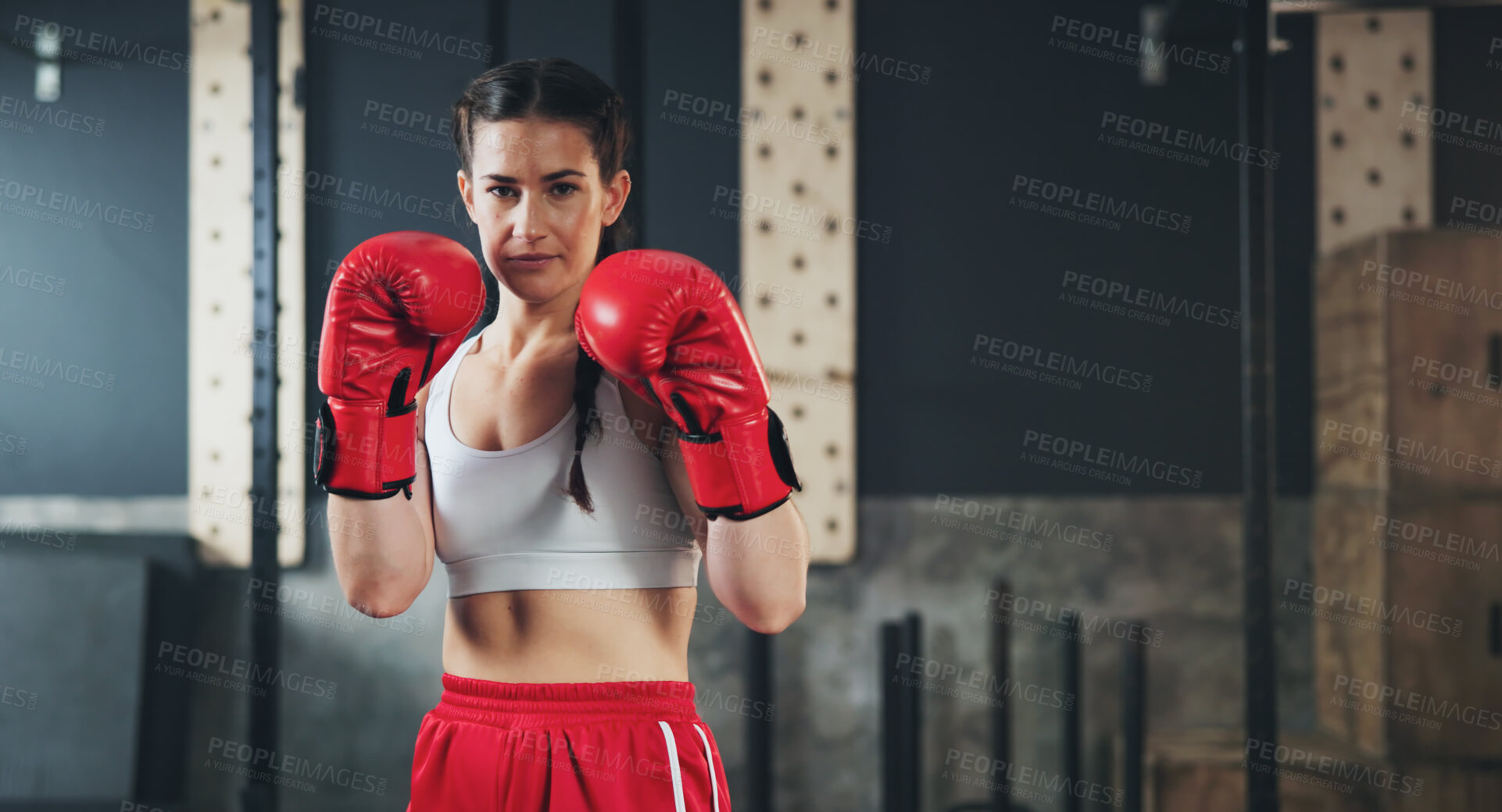 Buy stock photo Portrait, gym and boxing glove with workout, woman and practice for match and sports with endurance. Challenge, fighter or boxer with training or girl in fitness centre or progress with health