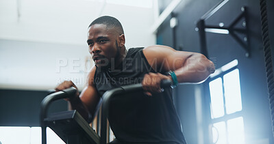 Buy stock photo Sports, gym and man on stepping machine for health, muscle and body workout or training. Fitness, active and African male athlete with cardio exercise on equipment for endurance in wellness studio.