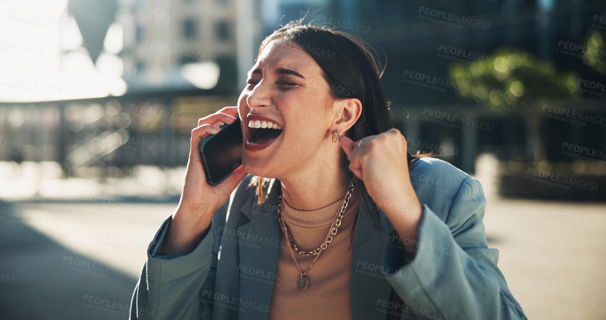 Buy stock photo Business woman, phone call and excited for update, online or discussion in outdoor for work communication. Career person, tech and celebration for news, connection or application on mobile in England