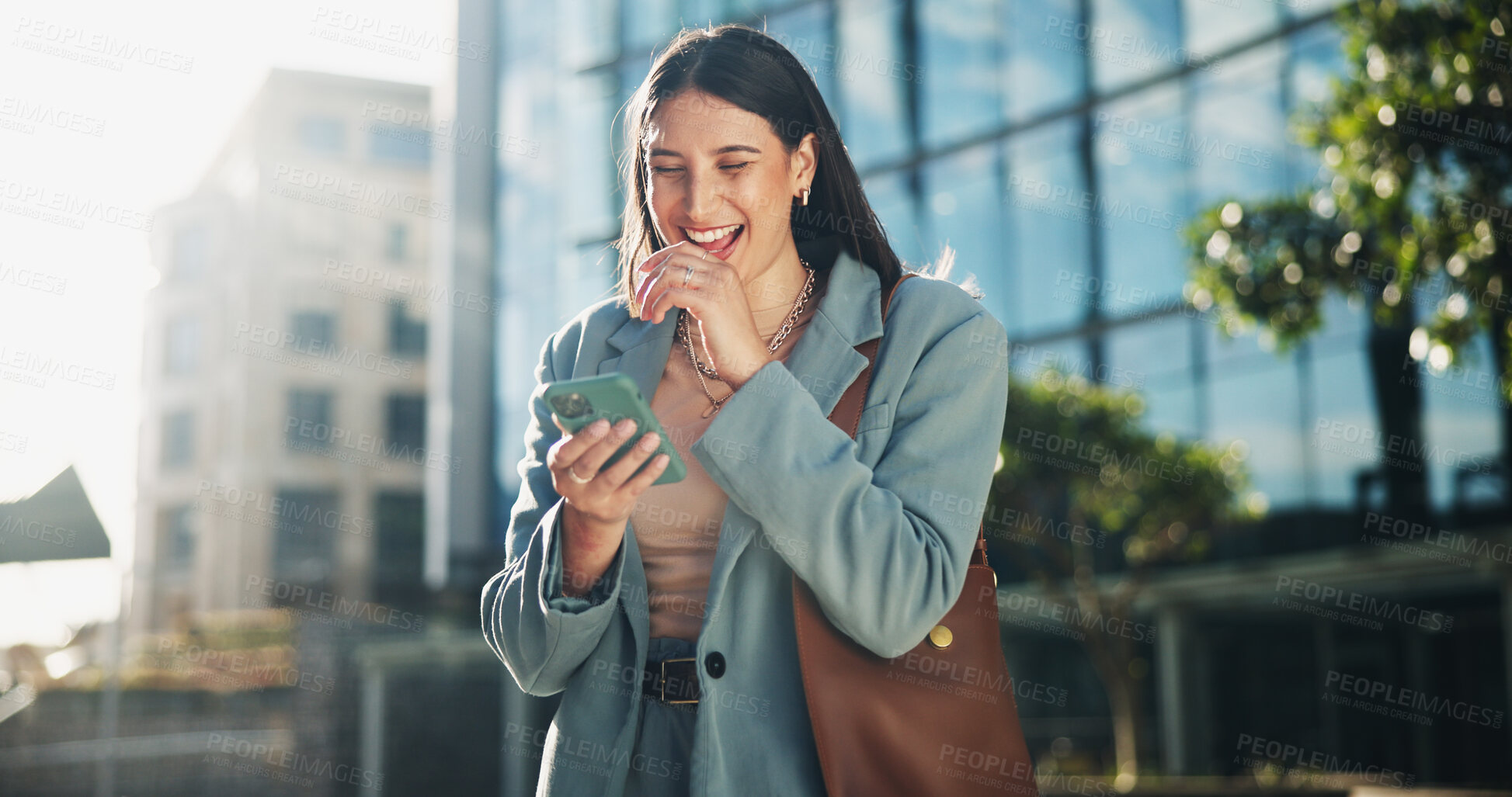 Buy stock photo Business woman, phone and happiness with news, online or social media in outdoor for communication. Career person, technology and cheerful for update, connection or notification on break in England