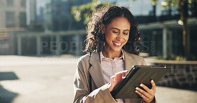 Buy stock photo Career woman, tablet and happiness with news, online or social media in outdoor for communication. Business person, technology and cheerful for update, connection or notification on break in England