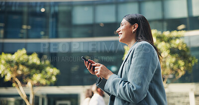 Buy stock photo Business woman, smart phone and happy with news, online or social media in outdoor for communication. Career person, technology and cheerful for update, connection or notification on break in England