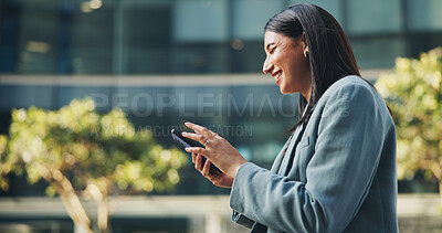 Buy stock photo Business woman, smartphone and happy with news, update or social media in outdoor for communication. Career person, technology and smile for online, connection or notification on mobile in England