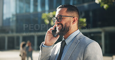 Buy stock photo Businessman, phone call and happiness with news, online or social media in outdoor for communication. Career person, technology and cheerful for update, connection or application on mobile in England