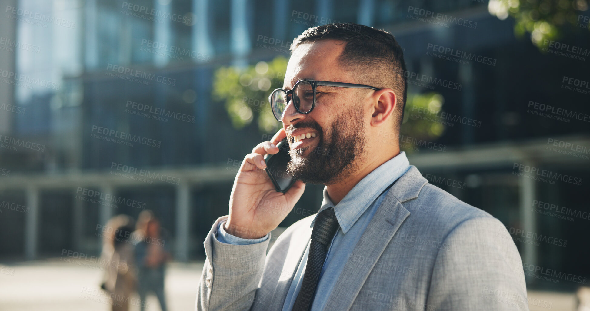 Buy stock photo Businessman, phone call and happiness with news, online or social media in outdoor for communication. Career person, technology and cheerful for update, connection or application on mobile in England