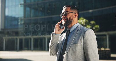 Buy stock photo Businessman, phone call and professional with update, online or discussion in outdoor for work communication. Career person, tech and talking for news, connection and application on mobile in England