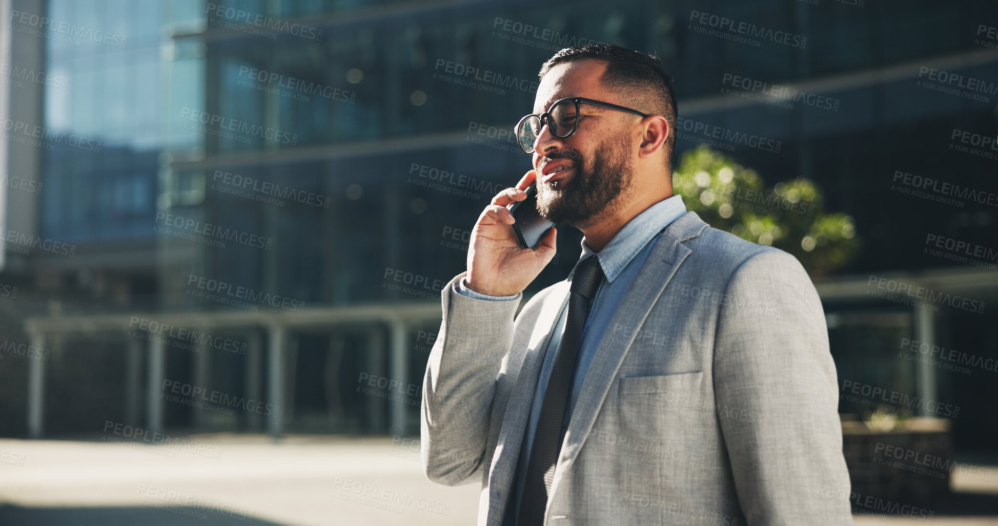 Buy stock photo Businessman, phone call and professional with update, online or discussion in outdoor for work communication. Career person, tech and talking for news, connection and application on mobile in England