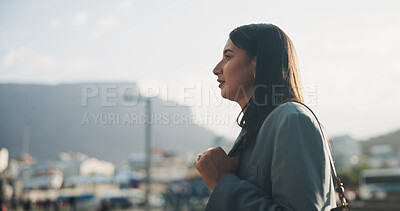 Buy stock photo Business woman, thinking and mindset for future, planning or ideas in outdoor as professional in London. Career person, profile and inspiration for growth, development or reflection in England