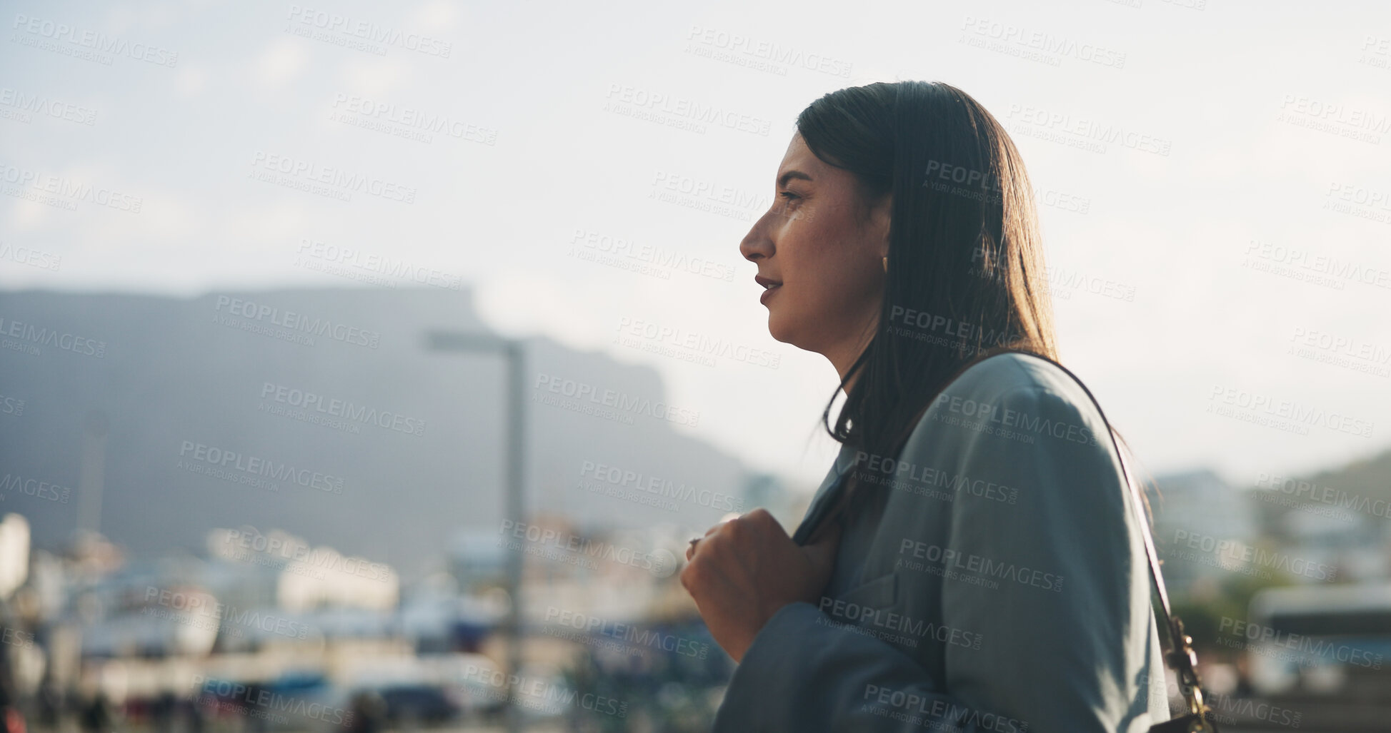 Buy stock photo Business woman, thinking and mindset for future, planning or ideas in outdoor as professional in London. Career person, profile and inspiration for growth, development or reflection in England