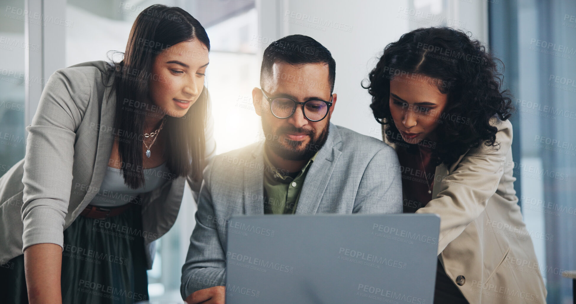 Buy stock photo Group, people and together for ideas, solution or decision for business, workplace or company. Teamwork, winner and technology for coworking, collaboration and coworking in online meeting for project