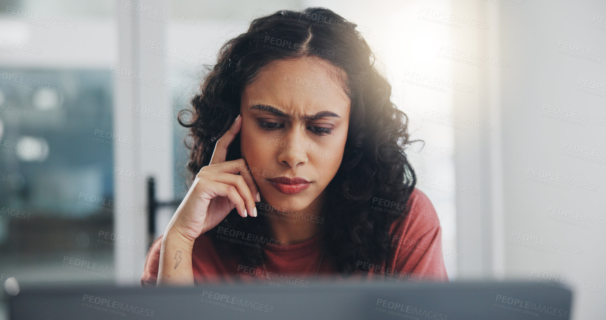 Buy stock photo Confused, thinking and business woman with laptop in office with creative project mistake. Planning, ideas and female copywriter read information with research on computer for journalism in workplace