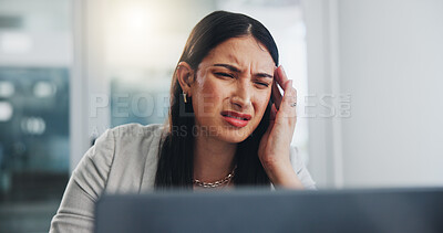 Buy stock photo Office, headache and business woman with laptop, burnout and tired for overworked as content writer. Exhausted, female journalist and pain for deadline of political article, copywriting and blog
