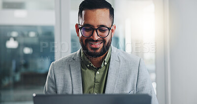 Buy stock photo Businessman, reading and happy with laptop in office for project management feedback and positive website review. Professional, employee and smile with tech for planning, networking and info update