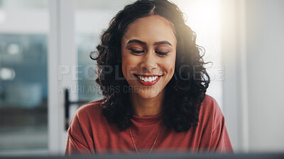 Buy stock photo Businesswoman, reading and happy with laptop in office for project management feedback and positive website review. Professional, employee and smile with tech for planning, networking and info update