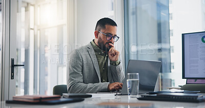 Buy stock photo Man, thinking and laptop with ideas, solution and decision for business, workplace and office. Male person, working and account management for planning, vision and goal in brainstorming for project