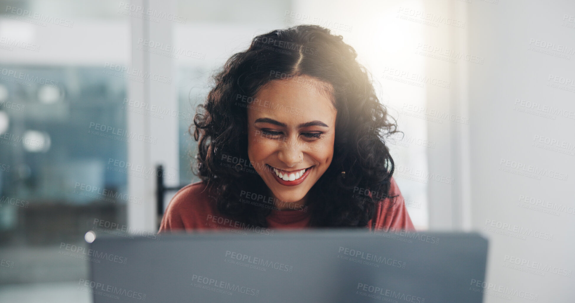 Buy stock photo Businesswoman, reading and laughing with laptop in office for funny project management feedback and comic website review. Web designer, employee and happy with tech for planning, networking or break