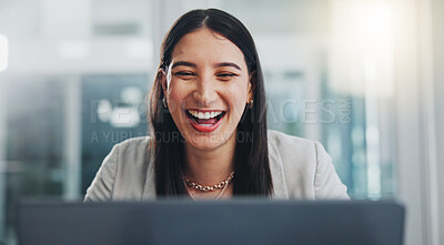 Buy stock photo Business, woman and laughing with laptop in office for funny project management feedback and comic website review. Web designer, employee and happy with technology for planning and comedy on break