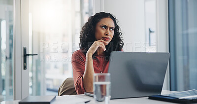 Buy stock photo Woman, laptop and thinking for ideas, solution and decision in business, workplace or company. Female person, tech and creative problem in planning, career or goal for project as web developer at job