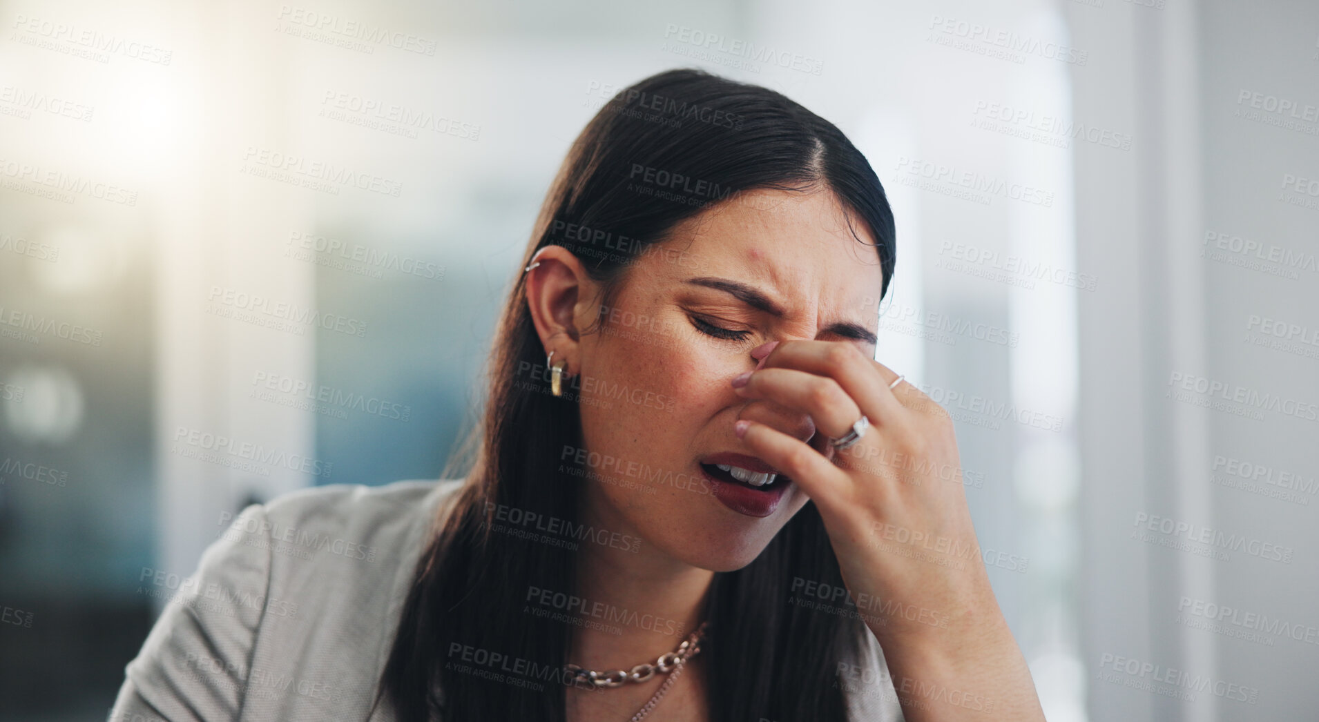 Buy stock photo Business woman, headache and burnout in office by anxiety, fatigue and stress for company project. Professional, mental health and employee overworked with depression, person with migraine and tired
