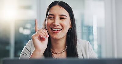 Buy stock photo Woman, excited and portrait with ideas, solution and decision for business, workplace and office. Female person, thinking and web design for planning, ambition and goal in brainstorming for success