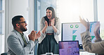 Business meeting, applause and people in office celebration for sales target, revenue or investment success. Data analytics, achievement or startup accounting team clapping hands for stats milestone