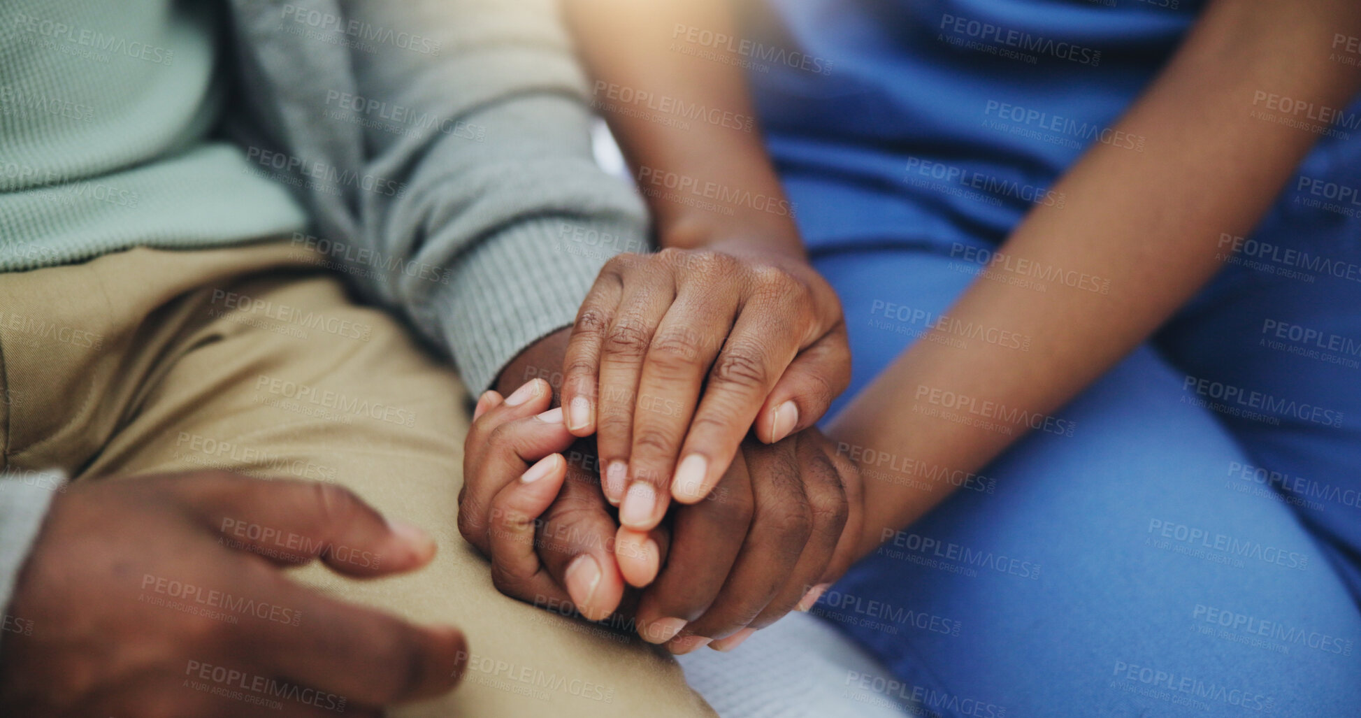 Buy stock photo Hands, mature patient and nurse for support, assurance and counseling in hospital bed. Black people, senior man or person and caregiver for helping, compassion and kindness or empathy in healthcare
