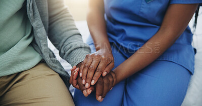 Buy stock photo Hands, senior patient and nurse for healthcare, support and counseling in hospital bed. Black people, mature man or person and caregiver for helping, compassion and kindness for assurance in clinic