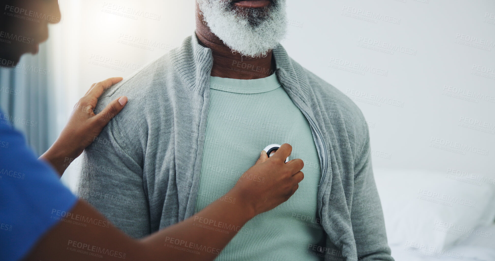 Buy stock photo Senior, man and nurse with stethoscope on heart for heartbeat assessment, cardiovascular health or asthma. Elderly patient, doctor and cardiology in hospital for lung disease, chest infection or help