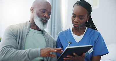 Buy stock photo Hospital, help or tablet by nurse with senior man for insurance, question or healthcare compliance checklist. Clinic, planning or surgeon with old patient and app for surgery, plan or digital payment