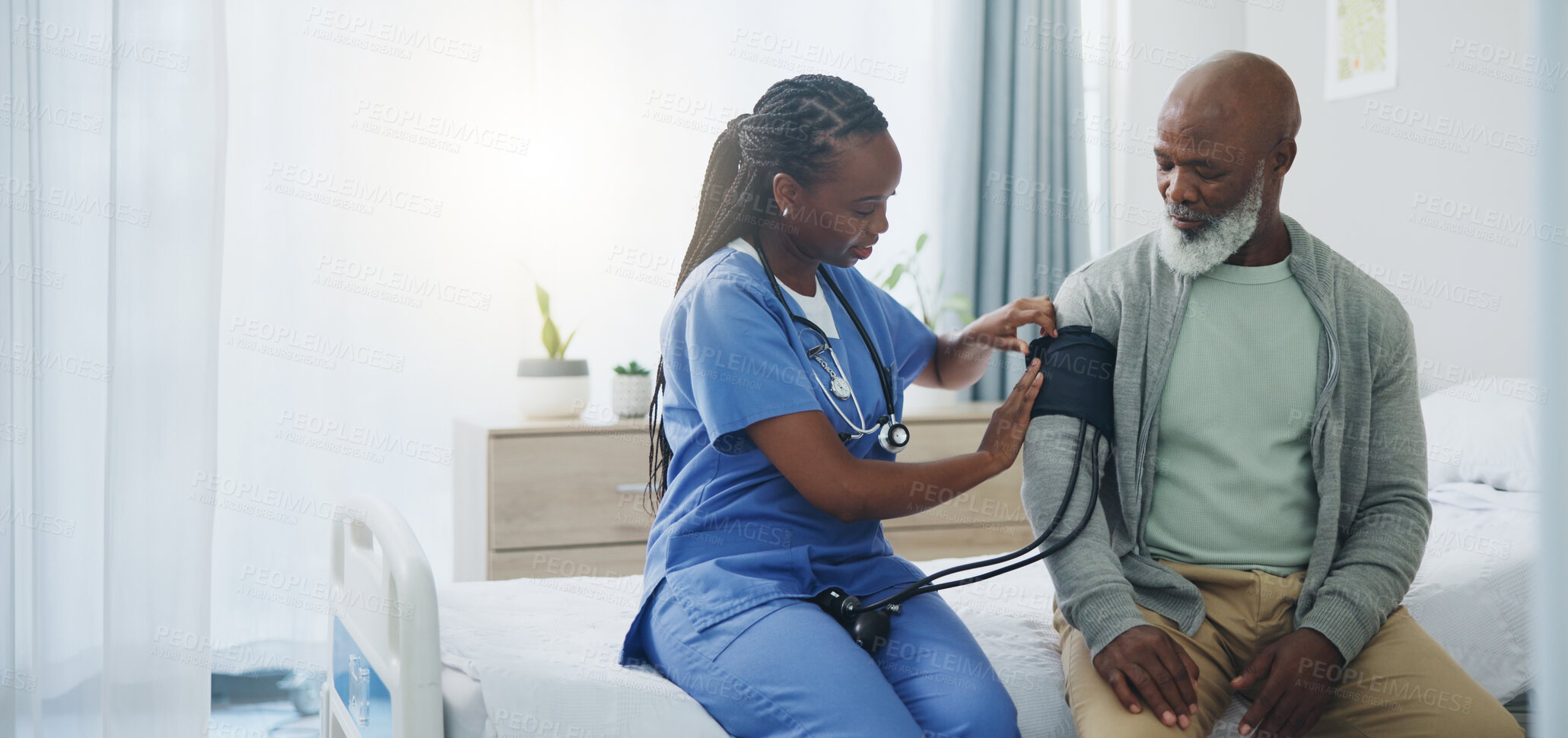 Buy stock photo Healthcare, senior man and nurse with monitor for blood pressure, medical test and cardiovascular. Hospital bed, mature patient and caregiver for hypertension diagnosis, examine or consultation