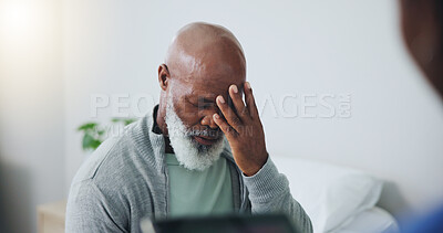 Buy stock photo Healthcare, patient and black man with headache in hospital for migraine, pressure and stress. Mature person, anxiety and frustrated with medical problem for tension, pain and vertigo in clinic