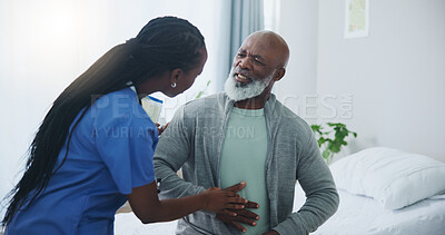 Buy stock photo Healthcare, doctor and patient with pain, old man and disease with appointment, stomach ache and virus. People, nurse and professional with senior guy, diagnosis and checkup with infection or sick