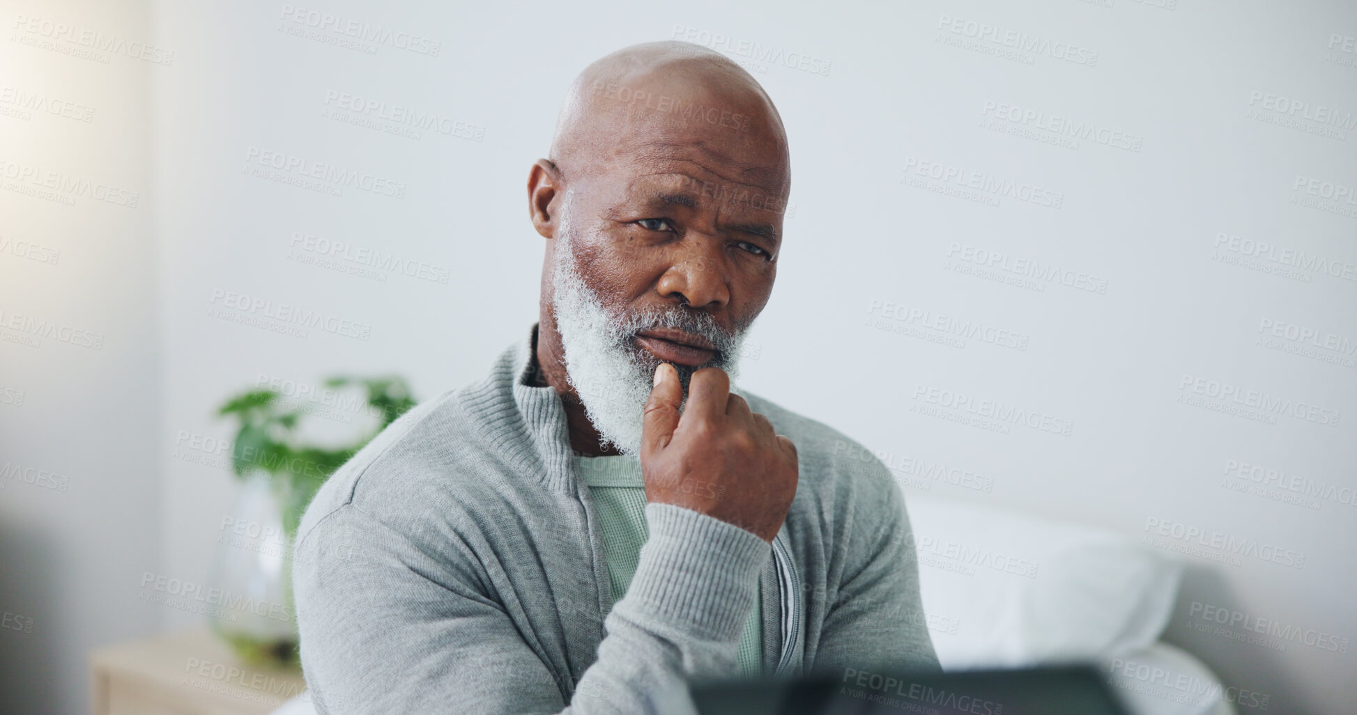 Buy stock photo Senior, man and thinking of memory in retirement with remember, nostalgia or alzheimer in nursing home. Elderly person, thoughtful and reflection with wondering, contemplating or question with mockup