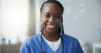 Buy stock photo Healthcare, nurse and portrait of black woman with smile for medical service, support and career. Nursing home, happy and face of caregiver with smile for assisted living, care and pride at work