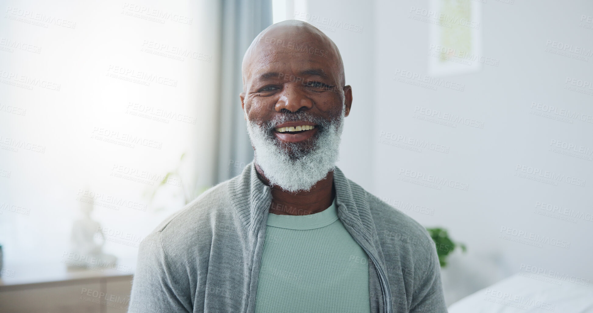 Buy stock photo Senior, man and happy with portrait in home for relax, pensioner and confidence in retirement. Elderly, african person and face with smile, pride and good mood for wellness and positive attitude
