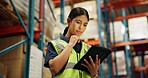 Shipping, warehouse and woman on tablet for inspection, inventory and online stock. Manufacturing, distribution and person on digital technology for logistics, maintenance and checklist in factory