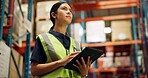 Thinking, warehouse and woman on tablet for inspection, inventory and online stock. Manufacturing, distribution and person on digital tech for logistics, maintenance and supply chain list in factory