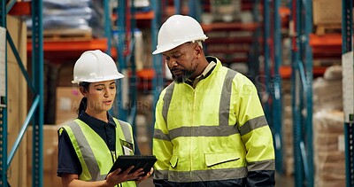 Buy stock photo Man, laptop and checklist for inventory in warehouse, technology and research for logistics solutions. African worker, computer and stock taking for ecommerce and online order in distribution center