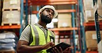 Supply chain, warehouse and black man on tablet for inspection, inventory and online stock. Manufacturing, distribution and person on digital tech for logistics, maintenance and shipping in factory