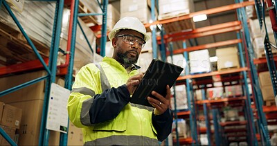 Buy stock photo Warehouse, black man and manufacturing with tablet, inventory and checklist in a factory. African person, worker and employee with tech and inspection with digital app for logistics and online stock